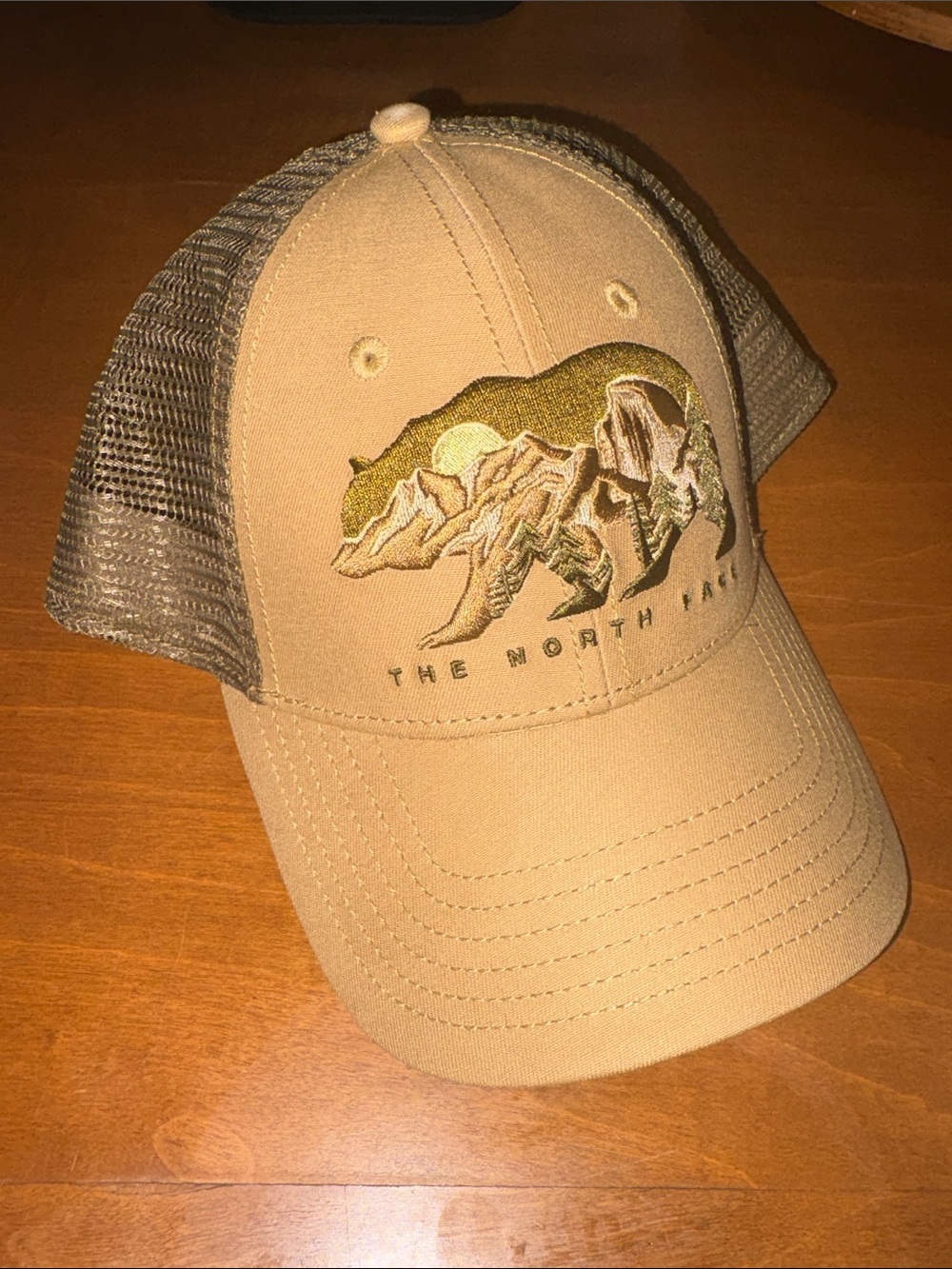 The North Face Tan Trucker Hat with Bear Mountain Embroidery